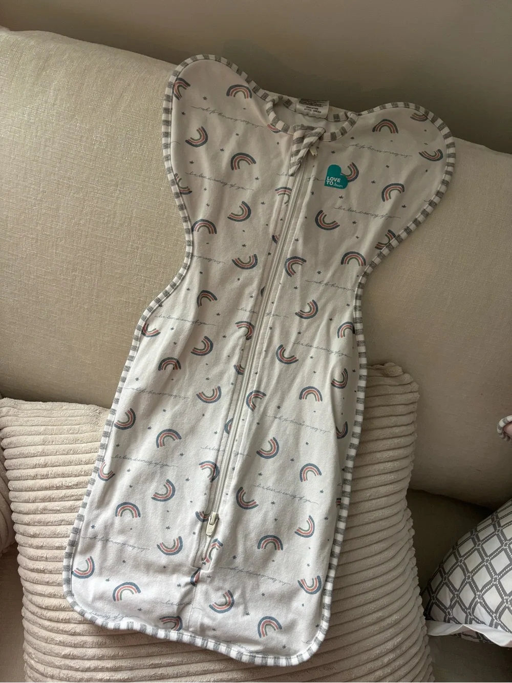 Love to Dream Baby Swaddle Sack in White with Rainbow Print